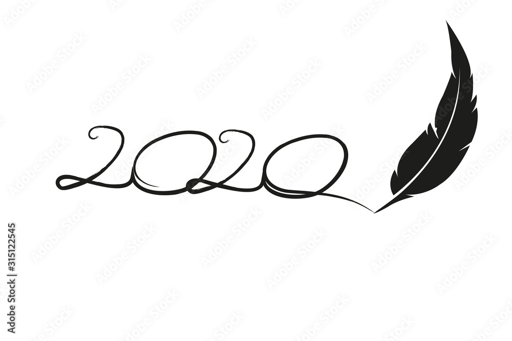 2020 hand drawn sign written by feather pen calligraphy isolated on white background. Vector holiday illustration element.