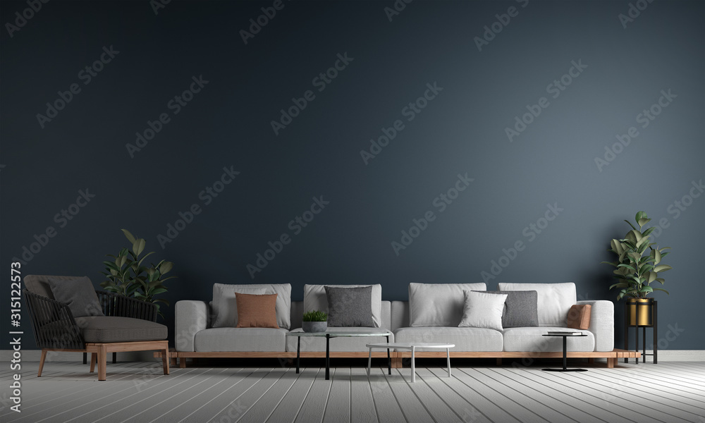 Modern minimal interior design of living room and bluewall pattern