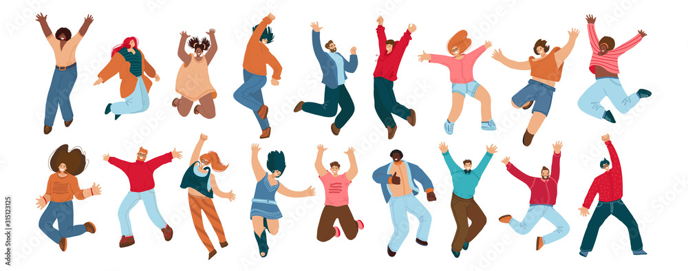 Group of happy people jumping on a white background. Young joyful jumping and dancing multiracial people with raised hands. Happiness, freedom, motion and motivational concept Group of happy people jumping on a white background. Young joyful jumping and dancing multiracial people with raised hands. Happiness, freedom, motion and motivational concept