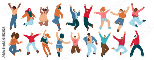 Group of happy people jumping on a white background. Young joyful jumping and dancing multiracial people with raised hands. Happiness, freedom, motion and motivational concept