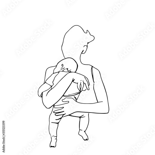 Mom with baby. Hand draw single line art. Mother carrying her sleeping baby. Sketch for Icon, logo, sign, posters . Isolated vector illustration. Newborn on the hand