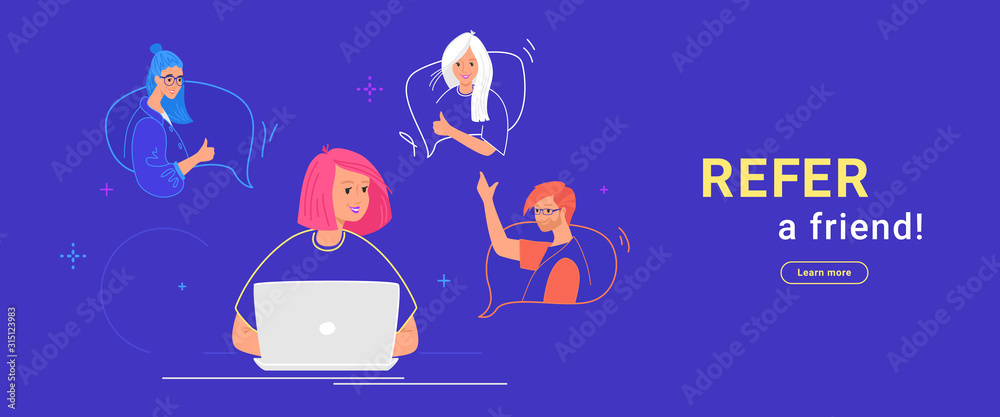 Refer a friend flat vector illustration of happy teenage woman using laptop to invite friends - obrazy, fototapety, plakaty 