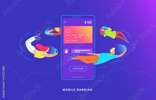 Young people are flying around a big smartphone and using their phones for banking
