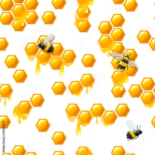 Seamless pattern with honeycombs honey drops and bee flat vector illustration in white background