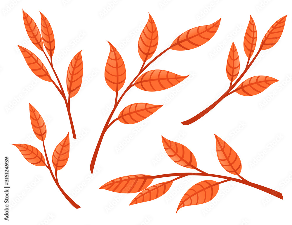 Set of orange autumn leaves on branches flat vector illustration isolated on white background