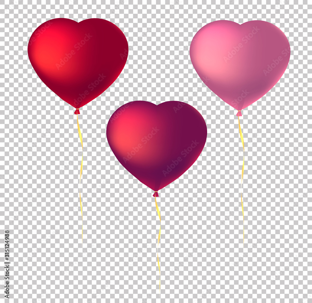 Heart shaped balloons on transparent background. Isolated vector heart.