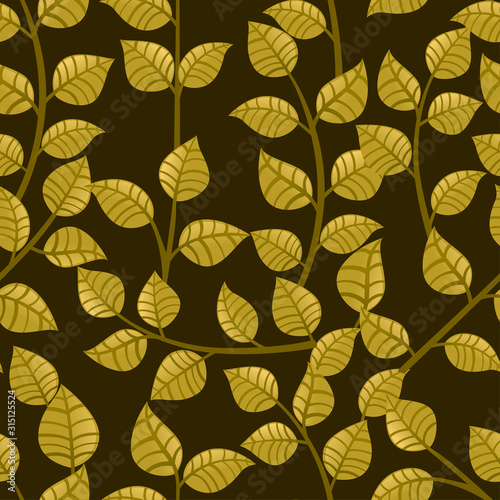 Seamless pattern of green autumn leaves on branches flat vector illustration on dark background © An-Maler