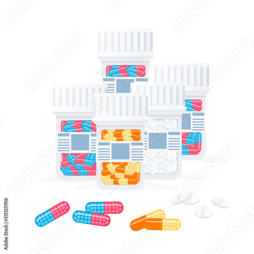 Transparent jar for pills plastic bottle with colored pills flat vector illustration isolated on white background