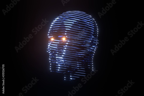 Human head made of metal interesting ribbon abstraction on black isolate. 3D render. Ñard design, futuristic style.