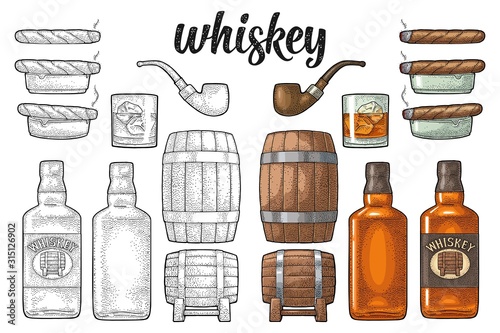 Whiskey glass with ice cubes, barrel, bottle and cigar.