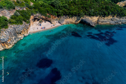 Aerial drone bird s eye view of of Mega Drafi Beach with turquoise sea in Parga area  Ionian sea  Epirus  Greece