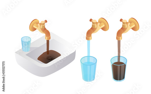 Clean and dirty glass water. Isometric dirty water pour faucet. Clean and dirty glass water. Problem of pollution water concept. Elements for illustration.