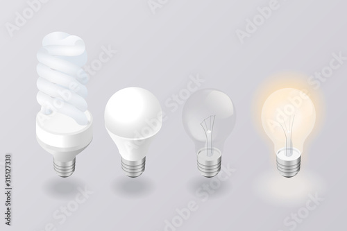 Vector Isometric set of electric lighting type . Light bulb, cfl and led lamp. Icons Set.
