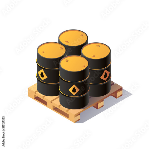 Vector set barrels isometric on wooden pallet. Isolated set of oil barrels icons. Flat 3d isometric illustration.