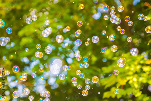 Lots of colored soap bubbles on a blurry background in nature. The concept of summer holidays with children, vacations, walks in the park.