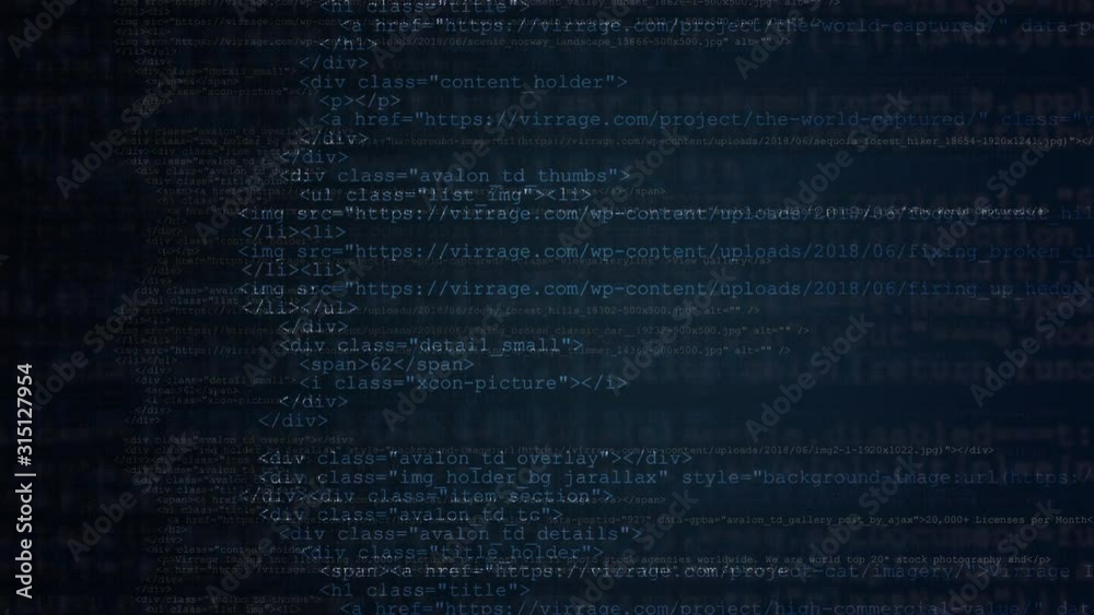 Web Technologies Concept. Running Website Source Codes on Dark Blue Background.