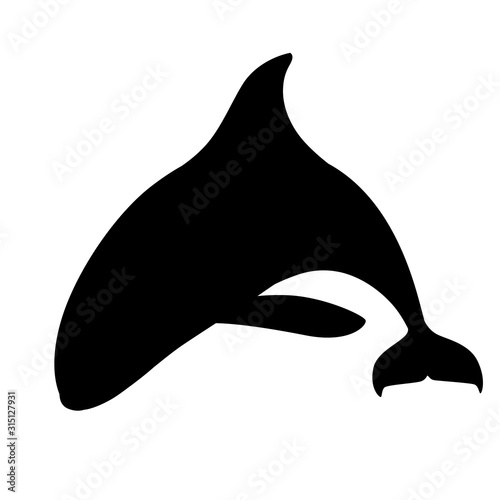 Black silhouette killer whale(Orcinus orca) cartoon animal design ocean mammal orca flat vector illustration isolated on white background