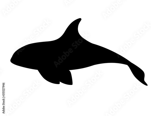 Black silhouette killer whale(Orcinus orca) cartoon animal design ocean mammal orca flat vector illustration isolated on white background