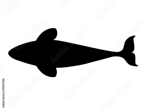 Black silhouette killer whale(Orcinus orca) cartoon animal design ocean mammal orca flat vector illustration isolated on white background