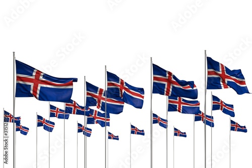 pretty labor day flag 3d illustration. - many Iceland flags in a row isolated on white with empty space for text