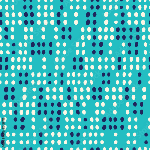 Retro Geo Dotted Shapes Vector Seamless Pattern. Modern Mid-Century Abstract Geometric Background on Aqua Background