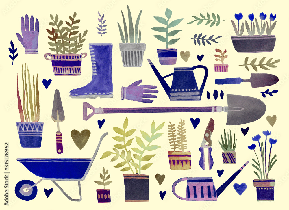 Set of garden elements. Hand made watercolor illustration. Potted plants, watering can, apron, shovel, wheelbarrow, dig, gloves, gardening, nippers, scissors. Elements for design, packaging, fabric.