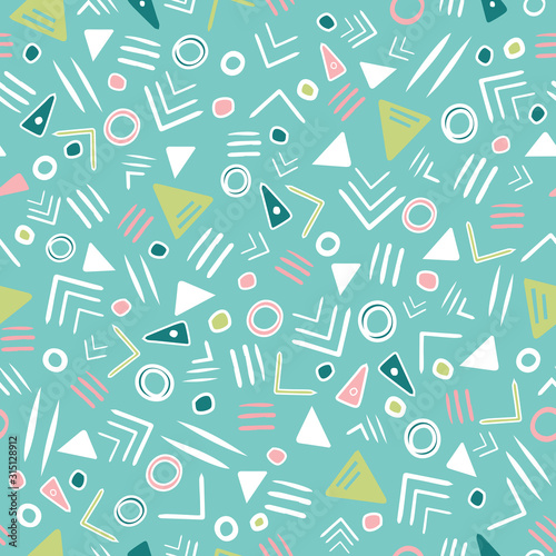 Tribal abstract seamless repeat pattern with triangles, arrows and circles  in pastel colors. Perfect for modern folk textile, wallpaper and interior design projects. Vector illustration.