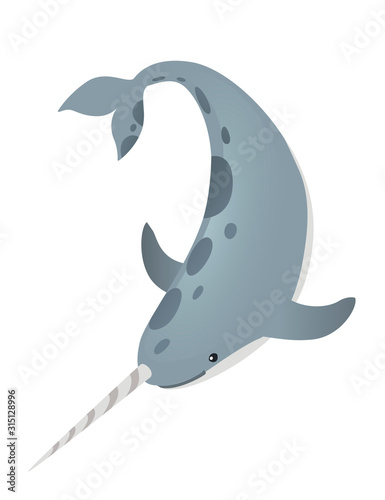 Gray narwhal(Monodon monoceros) toothed whale with tusk cartoon sea character design flat vector illustration isolated on white background