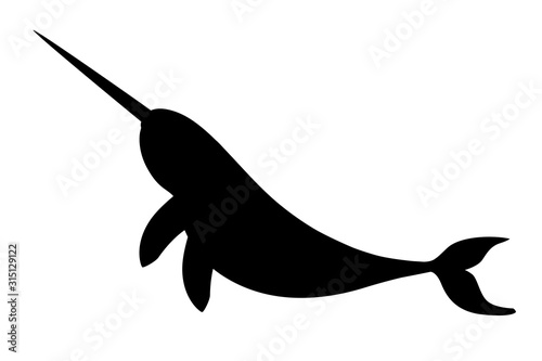 Black silhouette narwhal(Monodon monoceros) toothed whale with tusk cartoon sea character design flat vector illustration isolated on white background