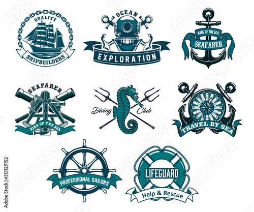 Heraldic ship anchor and helm vector icons, captain spyglass and frigate sailboat, aqualung and lifeguard buoy, seahorse and trident. Diving club, sea and ocean exploration adventure nautical icons