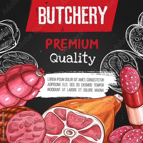 Farm meat, sausages and gourmet food vector sketch. Butcher shop pork bacon, salami and cervelat sausages, mutton chops and beef steak, roastbeef, brisket fillet and jamon meat