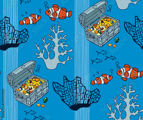 Hand drawn underwater natural ocean elements. Seamless pattern with reef corals. Vector sketch. Abstract seamless pattern. Creative background with geometric figures. 