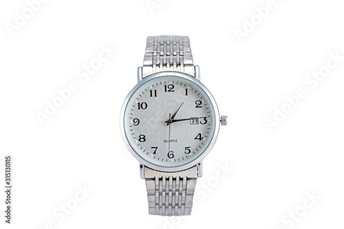Men's silver colored, classic round shape wrist watch with metal strap, white clock face and new roman style numbers isolated on white background.