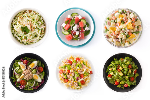 Collage of healthy salads isolated on white background