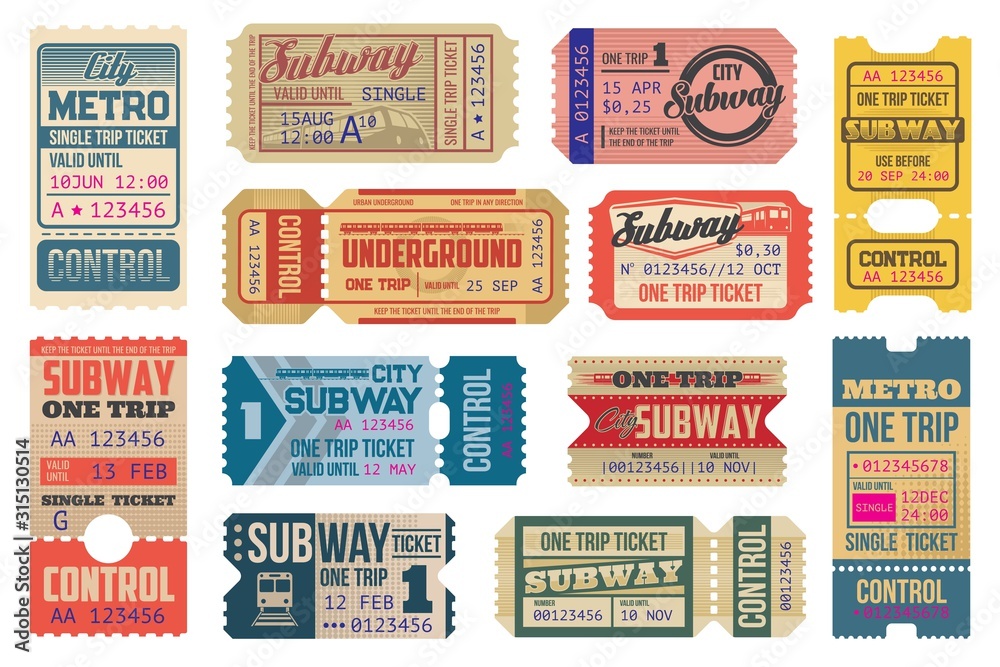 Underground vintage tickets vector templates, subway train and electric railways. Underground transportation retro pass cards or trip coupons with cut lines. Isolated on white