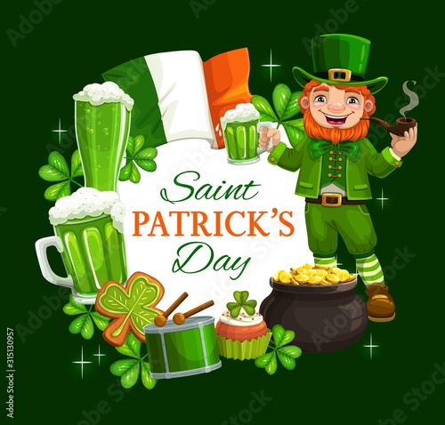 Saint Patricks Day holiday symbols in round frame. Vector leprechaun in hat drinking beer and smoking pipe, pot of gold, shamrock three leaf clover. Ireland flag and green cookies, drumstick