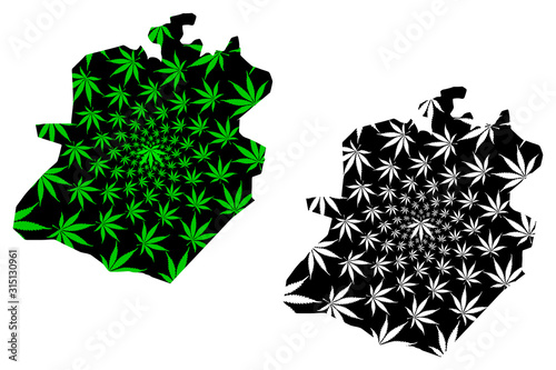 Bamako Region (Regions of Mali, Republic of Mali) map is designed cannabis leaf green and black, Bamako Capital District map made of marijuana (marihuana,THC) foliage....