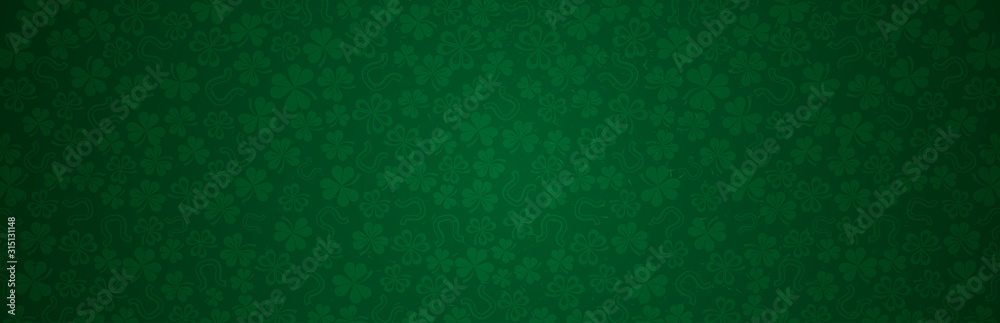 Green Patricks Day greeting banner with green clovers. Patrick's Day holiday design. Horizontal  background, headers, posters, cards, website.Vector illustration