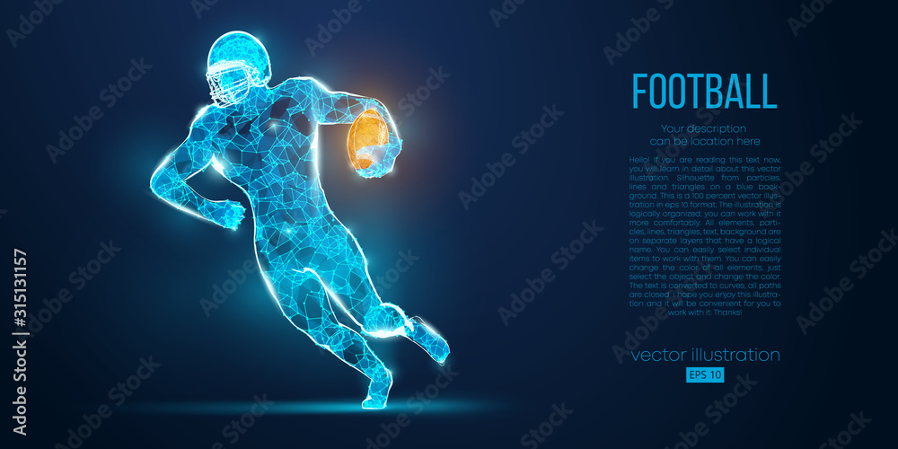 Fototapeta Abstract football player from particles, lines and triangles on blue background. Rugby. American footballer. All elements on a separate layers, color can be changed to any other in one click. Vector