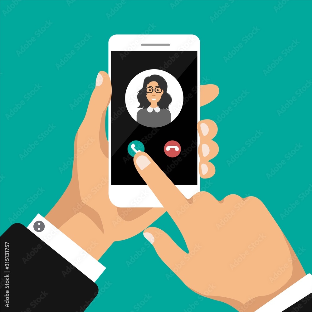 Hand holds smartphone with incoming call on a screen. Calling service concept. Vector modern illustration for web banners, websites, infographics. Hand holds smartphone with incoming call on a screen. Calling service concept. Vector modern illustration for web banners, websites, infographics.