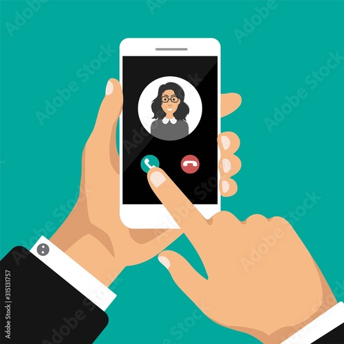  Hand holds smartphone with incoming call on a screen. Calling service concept. Vector modern illustration for web banners, websites, infographics.