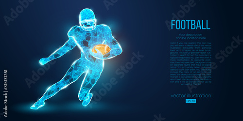 Abstract football player from particles, lines and triangles on blue background. Rugby. American footballer. All elements on a separate layers, color can be changed to any other in one click. Vector