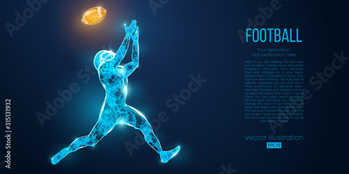 Abstract football player from particles, lines and triangles on blue background. Rugby. American footballer. All elements on a separate layers, color can be changed to any other in one click. Vector © matrosovv