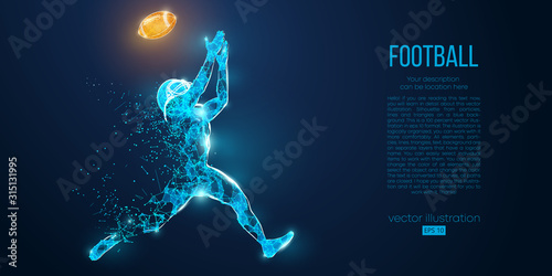 Abstract football player from particles, lines and triangles on blue background. Rugby. American footballer. All elements on a separate layers, color can be changed to any other in one click. Vector