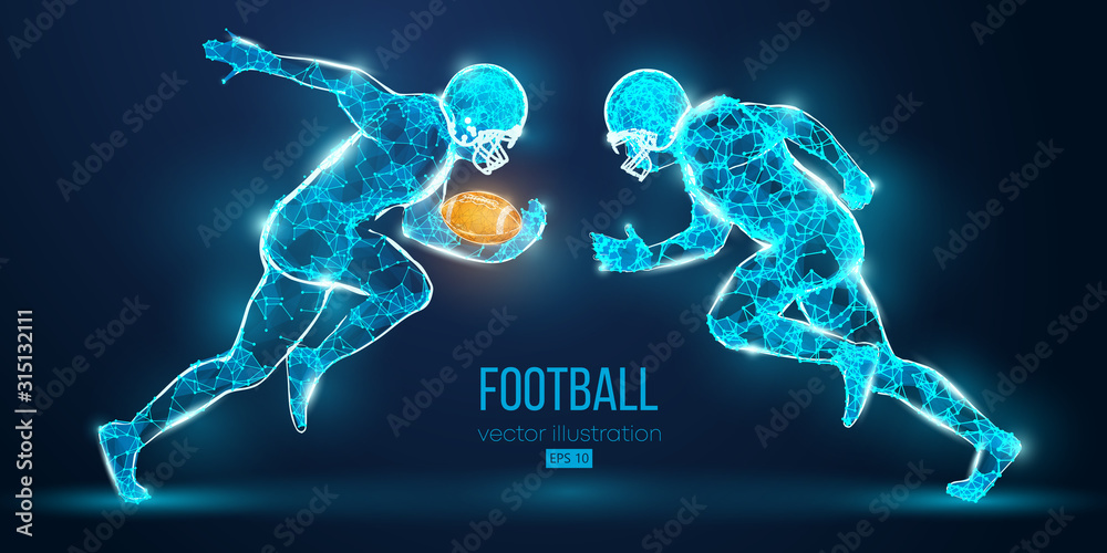 Abstract football player from particles, lines and triangles on blue background. Rugby. American footballer. All elements on a separate layers, color can be changed to any other in one click. Vector