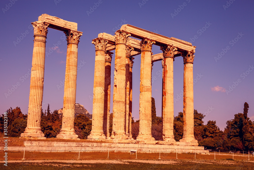 Temple of Olympian Zeus in evening at sunset, Athens