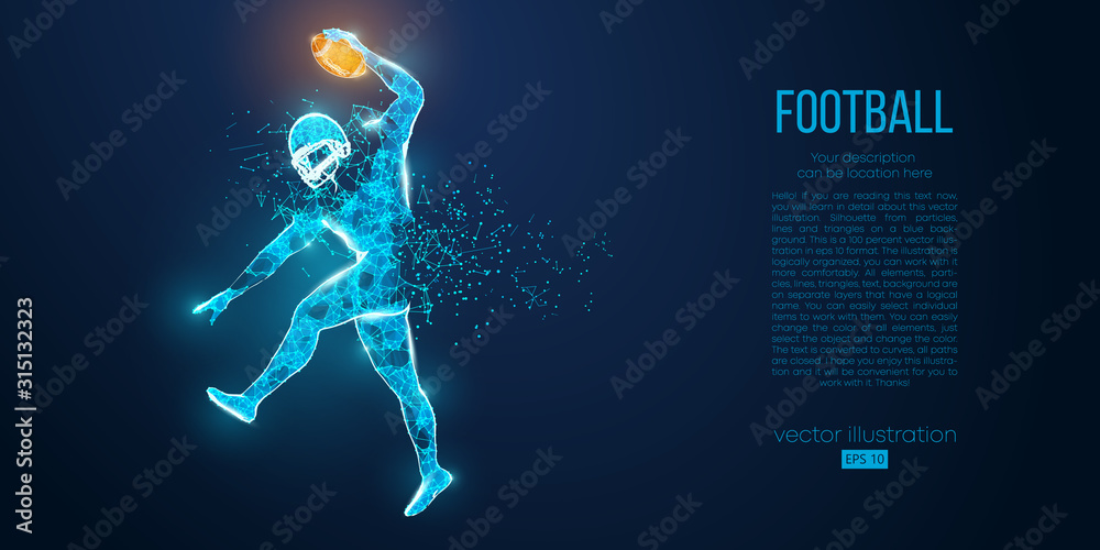 Fototapeta Abstract football player from particles, lines and triangles on blue background. Rugby. American footballer. All elements on a separate layers, color can be changed to any other in one click. Vector