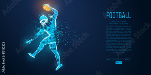 Abstract football player from particles, lines and triangles on blue background. Rugby. American footballer. All elements on a separate layers, color can be changed to any other in one click. Vector