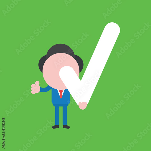Vector illustration of businessman character holding check mark and giving thumbs up on green background.
