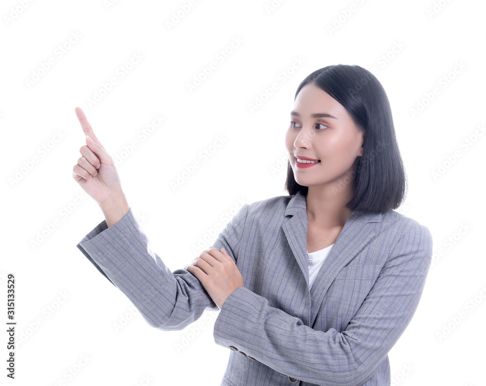 Happy cute smiling beautiful young Chinese Thai Asian Looking camera showing copy space pointing something she wearing a brown black suit, isolated over white background, - success concept Happy cute smiling beautiful young Chinese Thai Asian Looking camera showing copy space pointing something she wearing a brown black suit, isolated over white background, - success concept